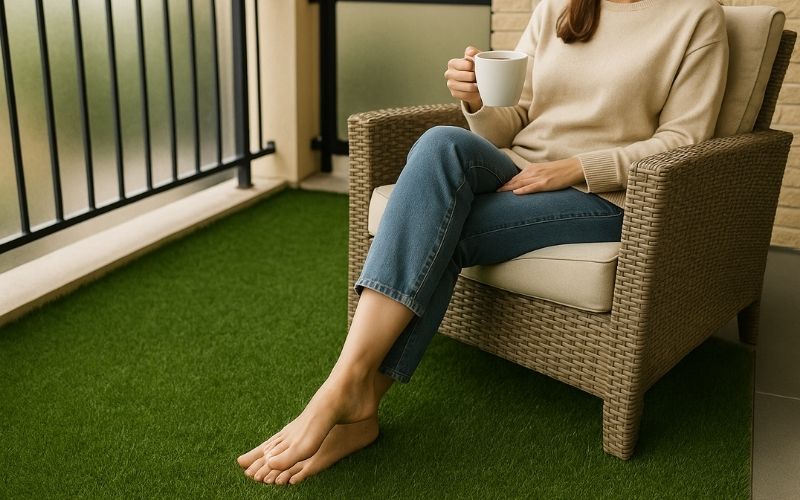 Žena sedí na balkóne a pije kávu je bosá a nohy má na umelom trávniku