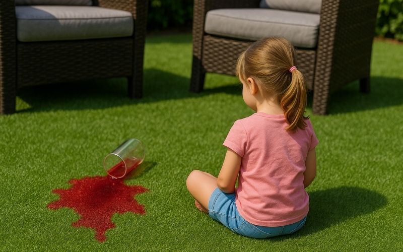 Rozliata malinovka na umelom trávniku vedľa dieťaťa, ktoré sedí chrbtom k objektívu. Na pozadí sú záhradné kreslá. Ukážka, ako čistiť umelý trávnik po znečistení.