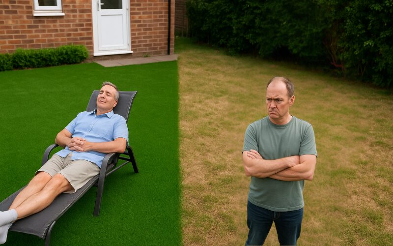 jeden muž leží v záhrade na lehátku a spokojne relaxuje na kobercovom trávniku a druhý stojí zavístlivo na svojom suchom trávniku.