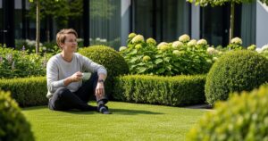 Žena relaxuje s kávou na kvalitnom umelom trávniku v upravenej záhrade na jar