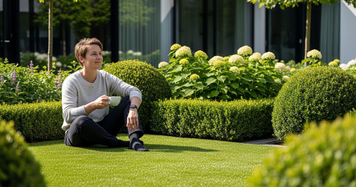 Žena relaxuje s kávou na kvalitnom umelom trávniku v upravenej záhrade na jar