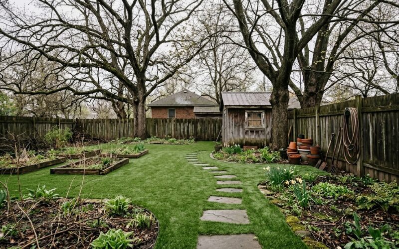 Bezúdržbový trávnik v tienistej záhrade – rovnomerný zelený povrch bez blata a bez údržby