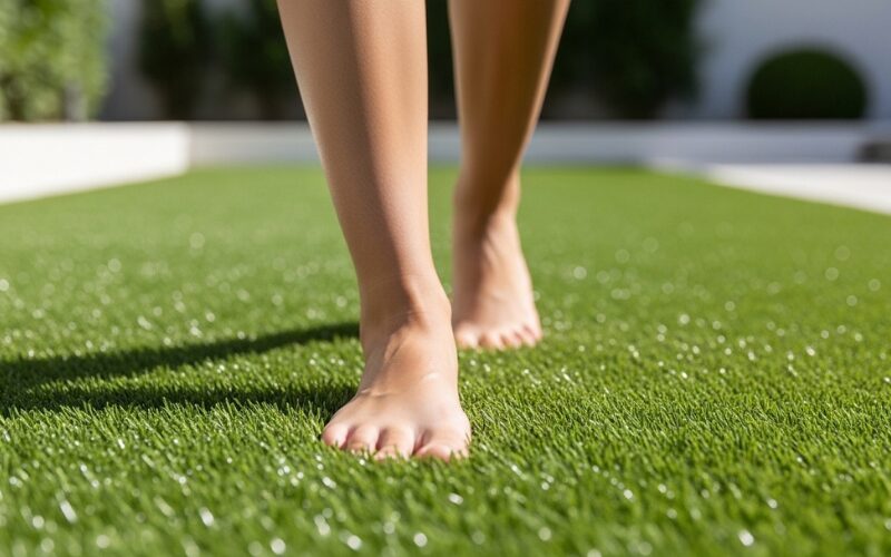 ženské bosé nohy idú po trávniku naboso