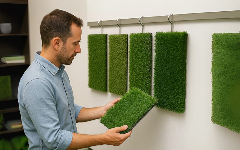 Muž si vyberá medzi umelými trávnikmi, ktoré vzorky sú zavesené na stene