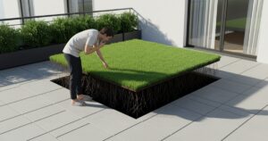 trávnik na terase bez pôdy s viditeľnými koreňmi, človek sa naň pozerá a skúma paradox