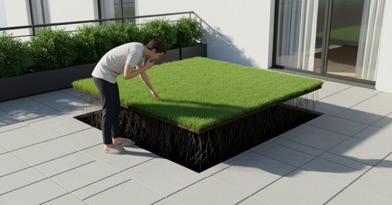 trávnik na terase bez pôdy s viditeľnými koreňmi, človek sa naň pozerá a skúma paradox