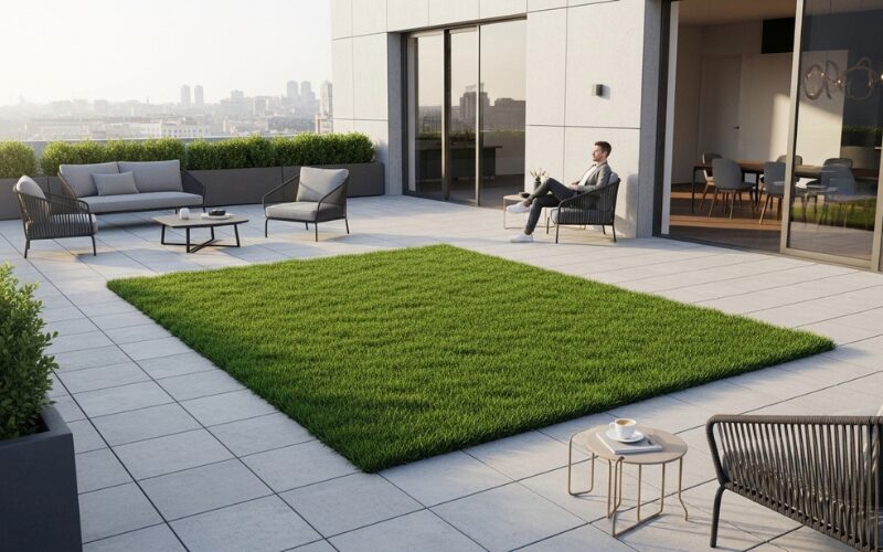 umelý trávnik na terase moderného bytu s posedením a výhľadom na mesto