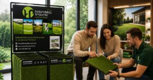 Prezentačný stojan Holandský trávnik® s originálnym logom, vzorkami prémiového umelého trávnika a sloganom „luxus bez starostí“ v interiéri showroomu.