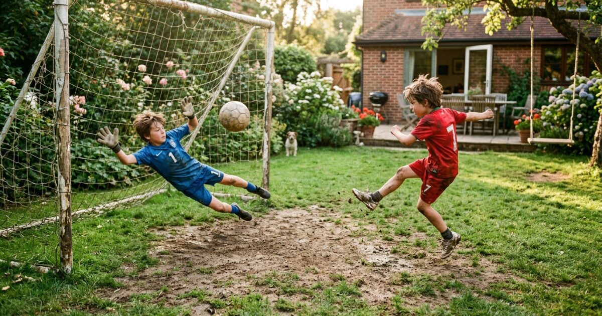 Záhrada pre deti s futbalovou bránkou a vydratým trávnikom pred bránou počas detského futbalového zápasu.